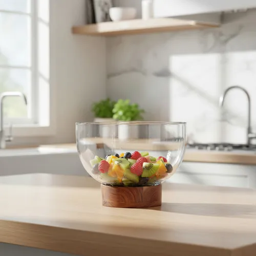 Producto Bowl Vidrio Ensaladera Recipiente Con Base De Madera 16cm Imagen