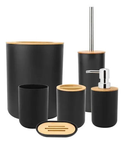 Set Baño 6 Piezas Bambu Tacho Dispenser Jabonera Escobilla Negro