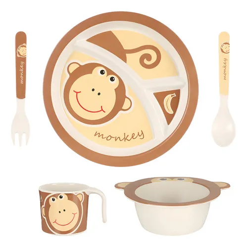 Producto Set Vajilla Infantil Mono 5pzs Plato Vaso Cubiertos De Bambu Imagen